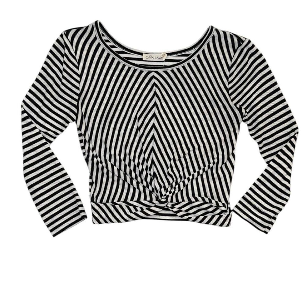 Chloe & Katie Black & white striped long sleeve top with twist front detail